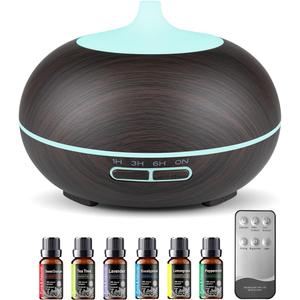 550ml Large Capacity Essential Oil Diffuser with 6 Essential Oil Set, Aromatherapy Ultrasonic Air Humidifier with Timer Setting, 7 Color LED Night Light and Waterless Auto-Off Functions for Home, Spa (Dark Wood Grain)