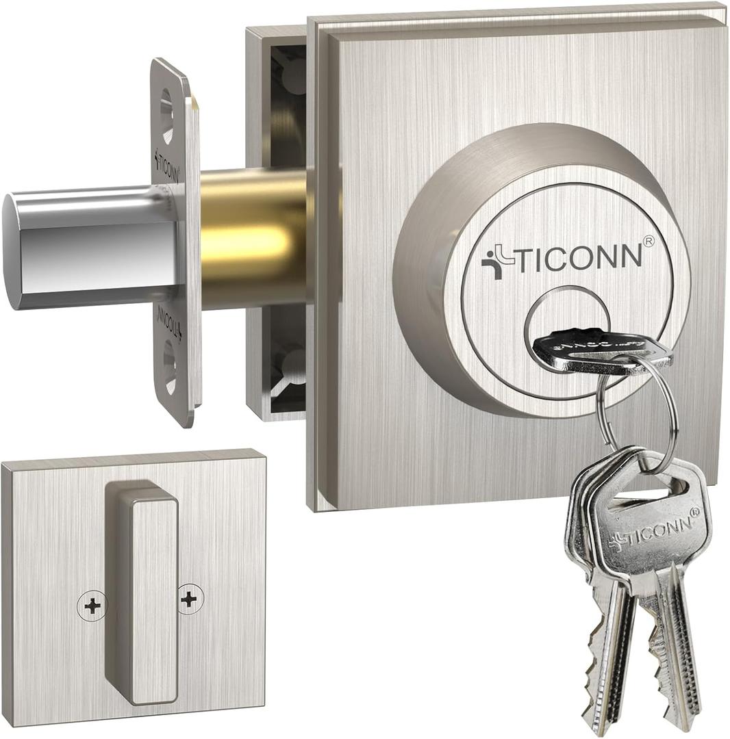 TICONN Front Door Handle Set, Heavy Duty Square Door Lever & Single Cylinder Deadbolt Combo Reversible for Entrance Exterior Doors (Deadbolt Only) (Satin Nickel)