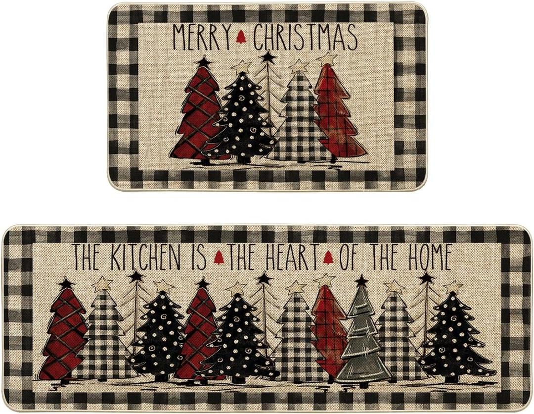 Artoid Mode Buffalo Plaid Xmas Tree Merry Christmas Kitchen Mats Set of 2, Winter Home Decor Low-Profile Kitchen Rugs for Floor - 17x29 and 17x47 Inch (Black/Beige)