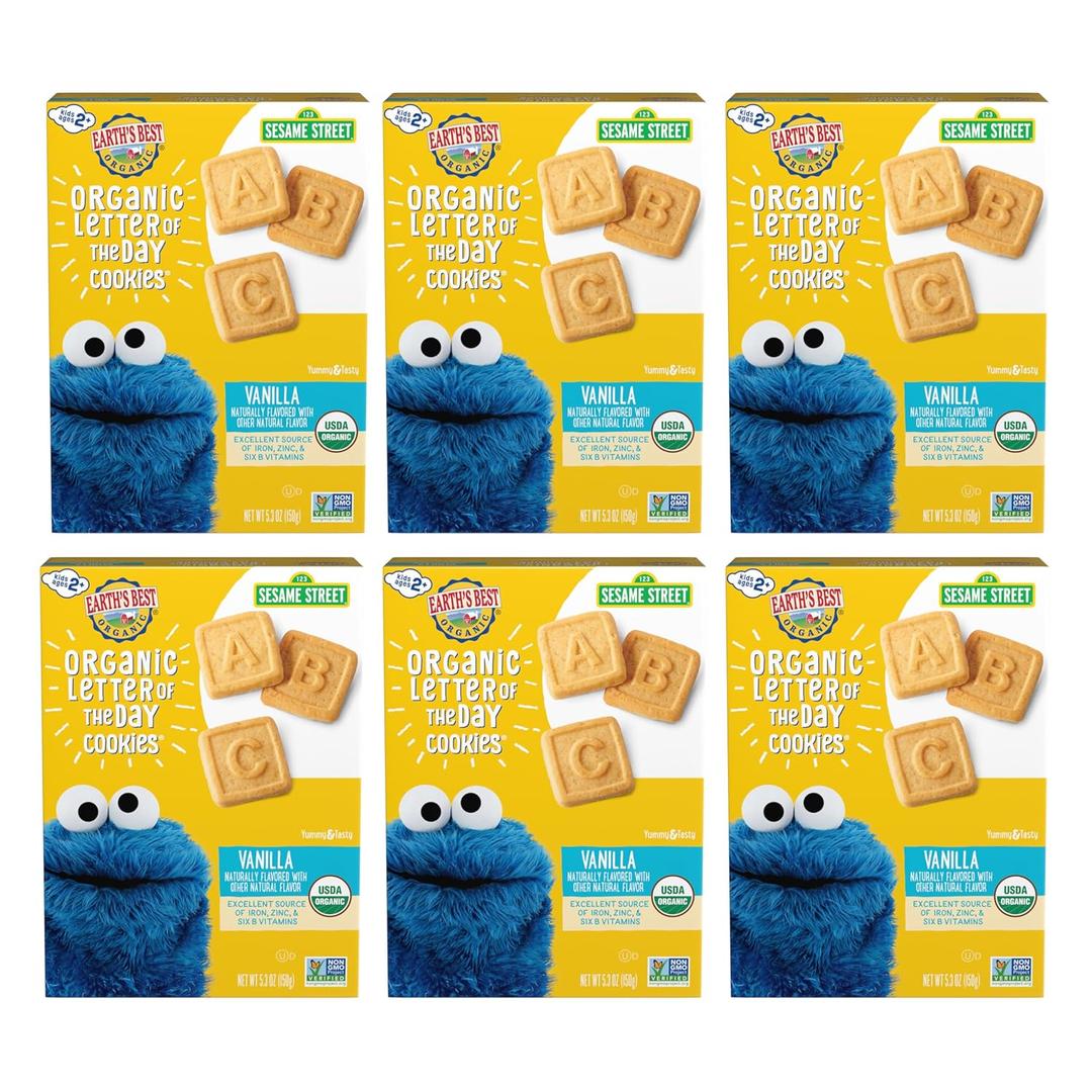 Earth's Best Organic Letter of the Day Cookies for Toddlers 2 Years Old and Up, Vanilla Flavor, 5.3 Ounce Box (BBD: 14 NOV 2026, Pack of 6)