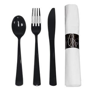Party Essentials Pre-Rolled Disposable Extra Heavy Duty Plastic Cutlery Kit with Black Fork/Knife/Spoon and 3-Ply White Napkin (Case of 100 rolls)