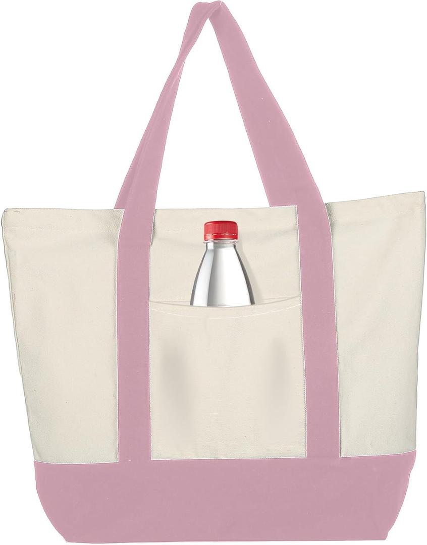 Extra Large Canvas Tote Bag with External Pocket, Reusable Grocery Shopping Bag with Waterproof Lining, Top Zipper