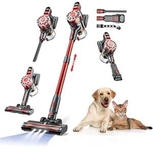 WLOTPO Vacuum Cleaner for Home, Stick Vacuum Cordless Rechargeable up to 35 Mins Runtime, Hardwood Floor Vacuum for Pet Hair, Carpets, Tile(Red)
