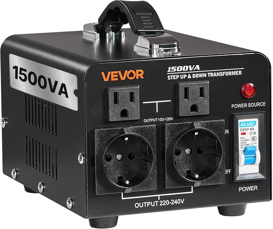 VEVOR Voltage Converter Transformer, 1500VA, Heavy Duty Step Up/Down Power Transformer, Convert from 110V to 220V and 220V to 110V, with EU Outlets, US Outlets, Power Cord, Circuit Breaker Protection