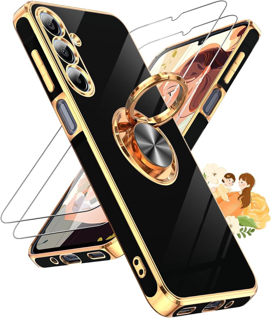 LeYi for Galaxy A16-5G Phone Case: 2 Pack Tempered Glass Screen Protector and 360 Rotatable Ring Holder Magnetic Kickstand, Plating Rose Gold Edge para Samsung A 16 5G, Black
