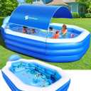 Inflatable Pool with Canopy, Large Inflatable Swimming Pool for Kids,Adult, Blowup Pools with Seats,Backrest.Durable Thickened Inflatable Family Pools for Backyard, 118"x75"x22"-Dark Blue