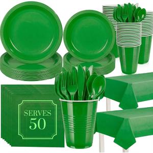 352 Pcs Green Plastic Plates Party Set, 50 Guests Disposable Dinnerware Set with Green Tablecloths, Fresh Green Plastic Plates Party Set for Garden Party/BBQ/St. Patrick's Day/Eco-Theme Event