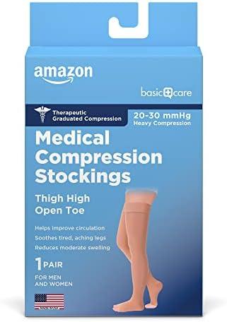 Amazon Basic Care Medical Compression Stockings, 20-30 mmHg Support, Women & Men Thigh Length Hose, Open Toe, Beige XL