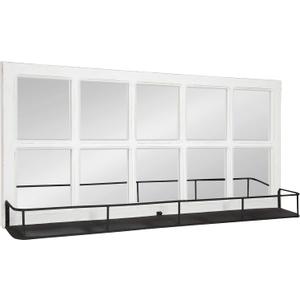 Kate and Laurel Jackson Casual Farmhouse Solid Wood 10 Windowpane Mirror with Distressed Black Metal Shelf, 40x18, Coastal White