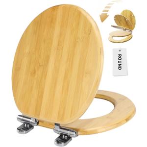 Round Bamboo Toilet Seat with Lid Quick Release Slow Close Zinc Alloy Strong Hinges Natural Bamboo, Light, 17-inch
