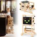 4-in-1 Foldable Toddler Tower with Safety Net, Wooden Kitchen Stool for Toddlers 18M-6Y, Montessori Learning Tower with Chalkboard, Activity Table, Adjustable Height Step Stool