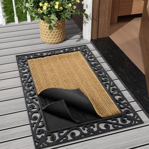 MontVoo-3 in 1 Replaceable Front Door Mat Outside Entrance Doormat-Outdoor Indoor Door Mat for Entryway-Welcome Mat Thick Durable Rubber Backed Door Entry Mat Non Slip Dirt Trapper Absorbent-24x36 (Kcx)
