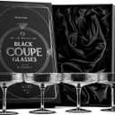 GLASSIQUE CADEAU Vintage Art Deco Smoke Black Coupe Glasses | Set of 4 | 7 oz Ribbed Cocktail Glassware for Drinking Champagne, Martini, Cosmopolitan, Manhattan | Crystal Speakeasy Saucers