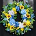 24in Spring Summer Wreaths for Front Door, Artificial Sunflower Lemon Wreath with Blue Hydrangeas, Luxury Colorful Floral Wreath for Indoor Outdoor Farmhouse Home Wall Porch Window Summer Wreath