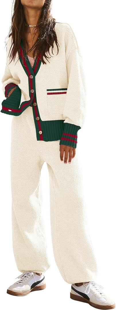 Women's 2 Piece Outfit Lounge Set Trendy Cardigan Sweater Pants Sets V Neck Button Pocket Knit Matching Loungewear (Contrast White, M)