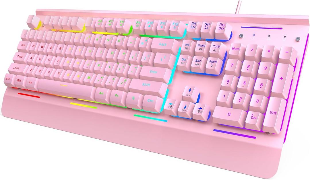 TECKNET Gaming Keyboard, USB Wired Computer Keyboard, 15-Zone RGB Illumination, IP32 Water Resistance, 25 Anti-ghosting Keys, All-Metal Panel (Whisper Quiet Gaming Switch) Pink