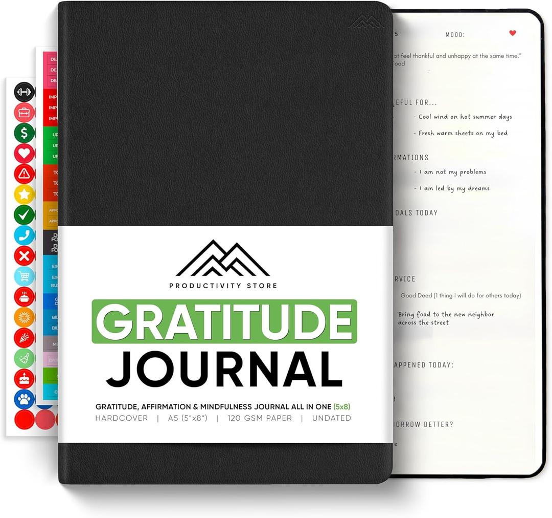 Gratitude & Self-Care Journal - Guided Mindfulness & Mental Health Journal All-in-One with Prompts for Self Discovery - Daily Journal for Men & Women (A5, Black) - PRODUCTIVITY STORE