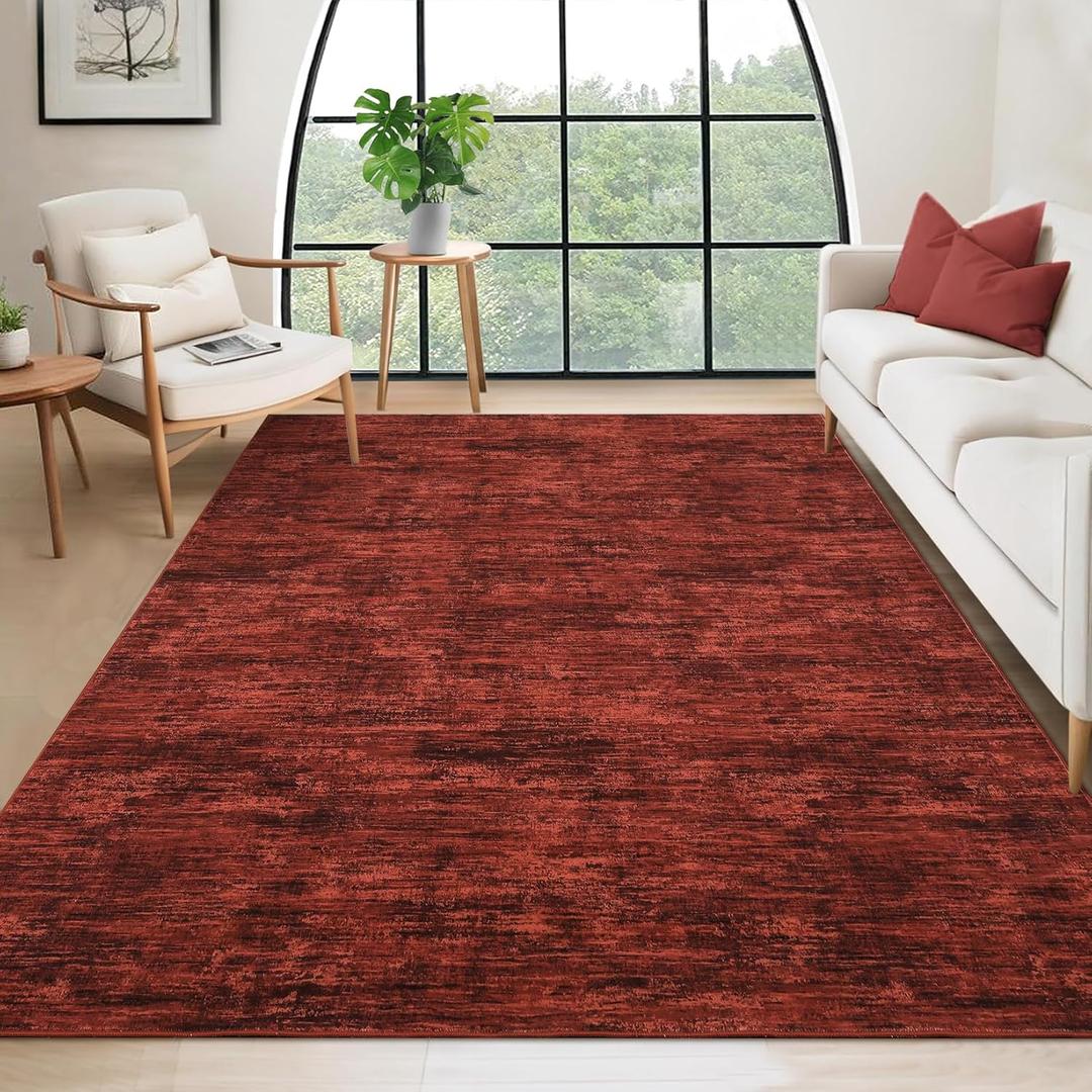 RUGSREAL Living Room Area Rug 9x12 Washable Rug Non-Slip Stain Resistant Modern Abstract Bedroom Rug Contemporary Throw Floor Carpet for Dining Room Solid Area Rug for Home Office, Red