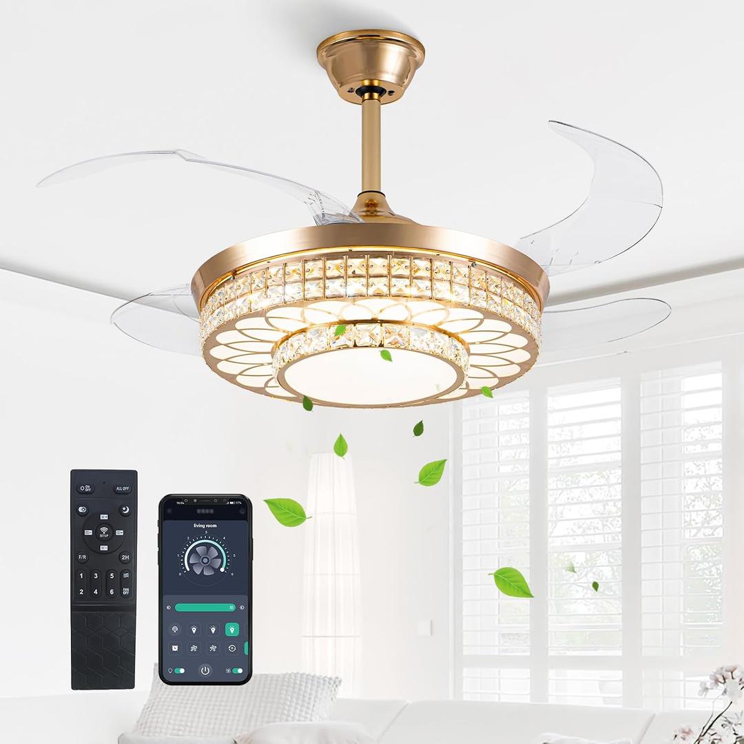 42" Retractable Ceiling Fans with Lights, Crystal Chandelier Ceiling Fan with Remote & APP Control, Modern Dimmable LED Fandelier for Living Room, Dinning Room, Bedroom (Gold)