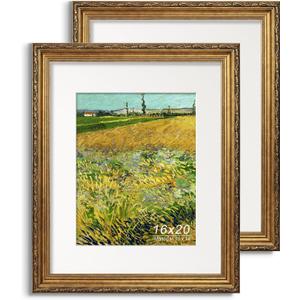 Antique Gold 16x20 Picture Frame, Ornate Embossing Frame with Paper Mat and Plexiglass, Fit for 16x20 without Mat or 11x14 with Mat, Wall Mounting Display for Art Prints, 2 Pack
