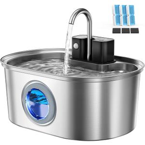 Cat Water Fountain Stainless Steel 108oz/3.2L:Battery Operated Wireless Cat Fountains for Drinking Indoor, Automatic Pet Water Dispenser with Ultra Quiet Pump,Multi-Filtration,Easy Clean BPA-Free