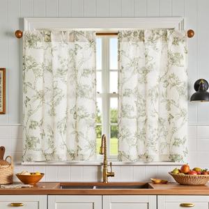 jinchan Floral Kitchen Curtains for Windows 24 Inch Farmhouse Country Linen Tier Curtains Botanic Small Window Drapes for Living Room Bathroom Laundry RV Rod Pocket Rustic 2 Panels Green on Beige