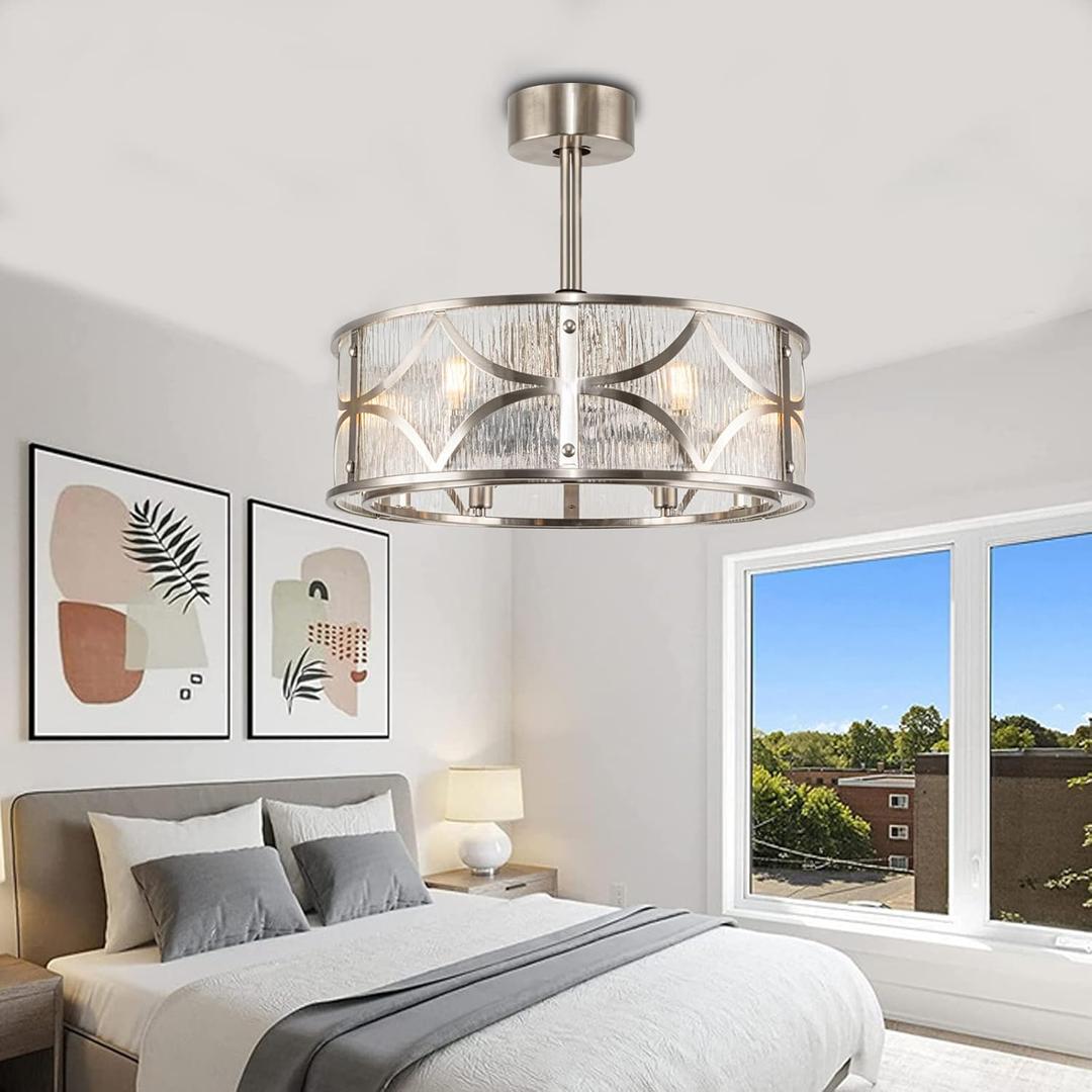 20" Caged Ceiling Fan with Lights Remote Control, Enclosed Bladeless Chandelier Fan, Small Modern Low Profile Ceiling Fan with 5 ABS Blades for Bedroom, Living Room, Brushed Nickel