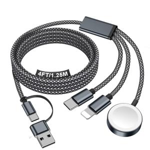 Travel Essentials for Apple Watch Charger,iPhone Charger,3 in 2 Type C/L/Magnetic Fast Charging Cable,Multi Charging Cable Portable Designed for iWatch Series,iPhone 17-11,Galaxy S26-S21,Car-4FT