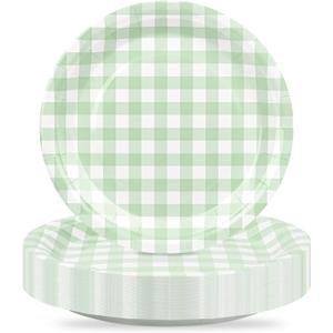 48Pcs Gingham Party Supplies Sage Green Paper Plates 9 inches Disposable Plaid Decorative Dinner Dessert Serving Plates for Baby Shower Wedding Birthday Party
