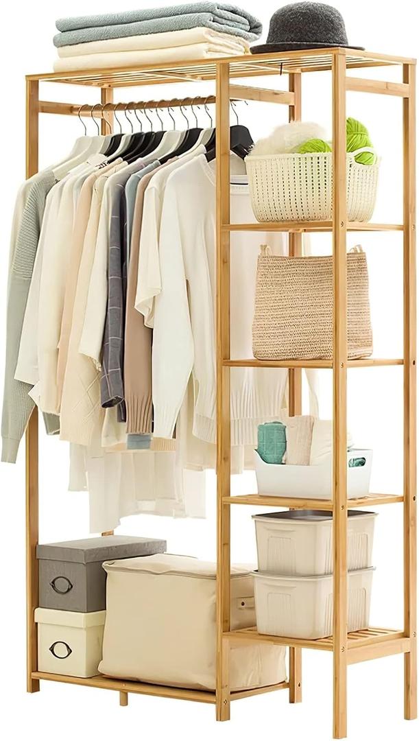 Jotsport Bamboo Clothing Rack with 6 Tier Storage Shelf Multifunctional Garment Organizer Wardrobe Closet for Guest Room Kids Baby Bedroom Entryway