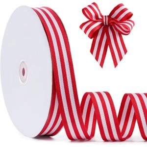 Red and White Striped Grosgrain Ribbon, 1" x 50yds, Double Sided Patriotic Ribbon for American Crafts, Cheerleading Decorations, Independence Day, Christmas Decorations