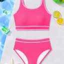 Girls Swimsuit Two Piece High Waisted Athletic Swim Suits Fashion Piping Girls Bikini Bathing Suit Set 9-16 Years (Pink, S)