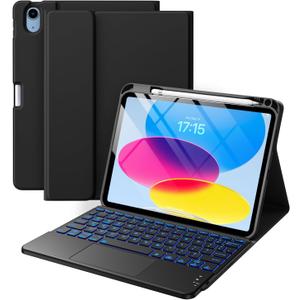 Harvopu Compatible for iPad 11th 10th Generation Case with Keyboard, Folio Cover with Pencil Holder, Multi-Touch Trackpad, 7 Color Backlit, Detachable Keyboard for iPad (A16) 11th/10th Gen (Black)