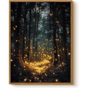 Fantasy Dark Forest 12x16 Framed Firefly Halloween Wall Art, Glowing Lights Enchanted Forest Canvas Print, Magical Mystical Night Landscape Painting, Rustic Cabin Cottage Bedroom Decor
