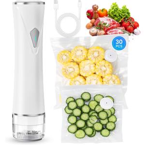 Vacuum Sealer for Food with Visible Tank, Handheld Vacuum Sealer Machine with 30 Reusable Bags for 5X Longer Freshness, Wireless & Portable, White