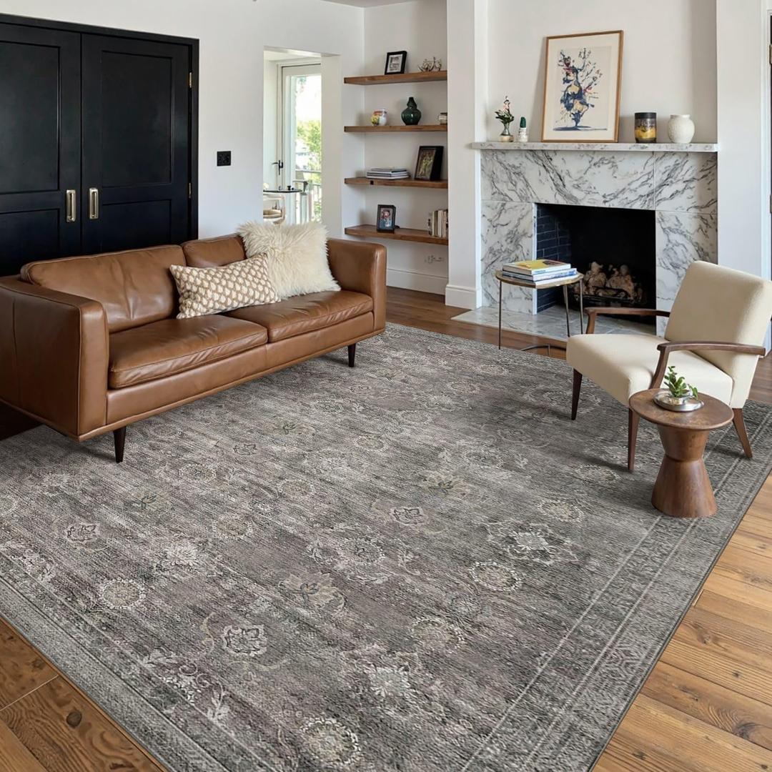 Area Rugs 7x5 for Living Room Bedroom, Grey Washable Rug, Vintage Retro Boho Rug, Non Slip & Low Pile Faux Wool Thin Carpet for Indoor Dining Room, Dorm and Kids Room