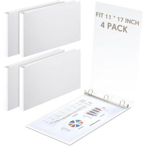 4 Pcs 11 x 17 Inch 3 Ring Binders 2 Inch Rings Heavy Duty View Plastic Flexible D Ring Binders Economy Holds 11" x 17" Paper for Artwork Blueprints, Office, Home, Work Places(White)