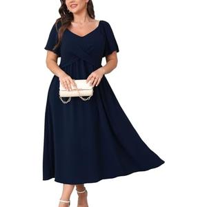 SCOMCHIC Women Plus Size Midi Dresses Short Sleeve V Neck Twist Front Summer Wedding Guest Smocked Flowy A Line Dress 2XL