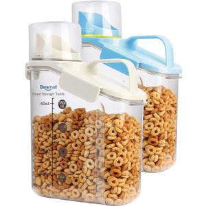 Cereal Containers Storage,2L Airtight Large Dry Food Storage Containers with Pouring Spout, Measuring Cup for Flour and Grain,BPA Free Plastic Dispenser ((2pcs) White-Blue-67oz)