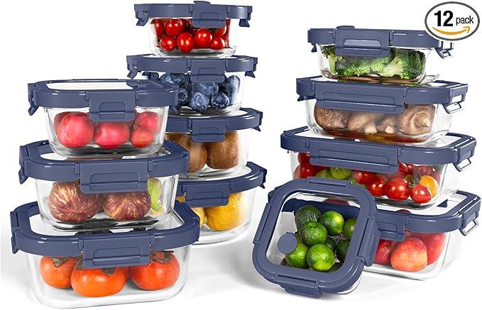 12-Pack Glass Containers with Tempered Lids Borosilicate, Oven-Safe(-4F~950F), Airtight, BPA-Free, Multi-Size for Meal Prep, Dishwasher Safe (Blue)