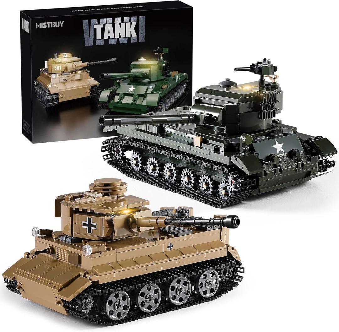WW2 Military Tank Building Sets Compatible with Lego, Light-Up German Tiger & US M26 Pershing Tanks Army Model Kit, Collectible Gift for Military Fans, Kids & Adults (1,195 Pieces)