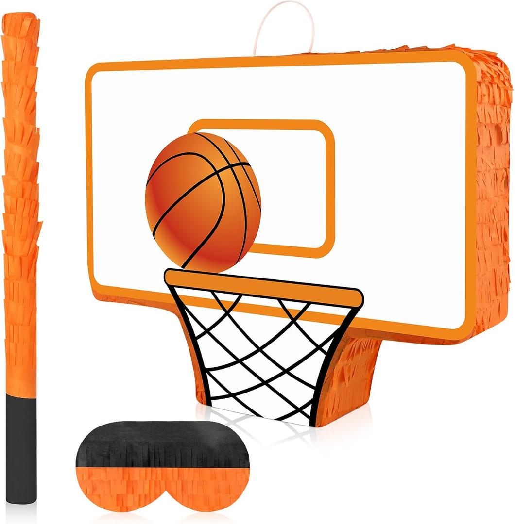 Basketball Piata with Bundle & Blindfold Bat Basketball Birthday Party Decorations Sports Party Supplies for Kids Boys Sports Themed Birthday Carnival Events