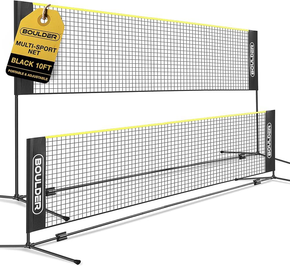 BOULDER Portable Badminton Net Set - for Tennis, Soccer Tennis, Pickleball, Kids Volleyball - Easy Setup Nylon Sports Net with Poles (Black/Yellow, 10 FT)