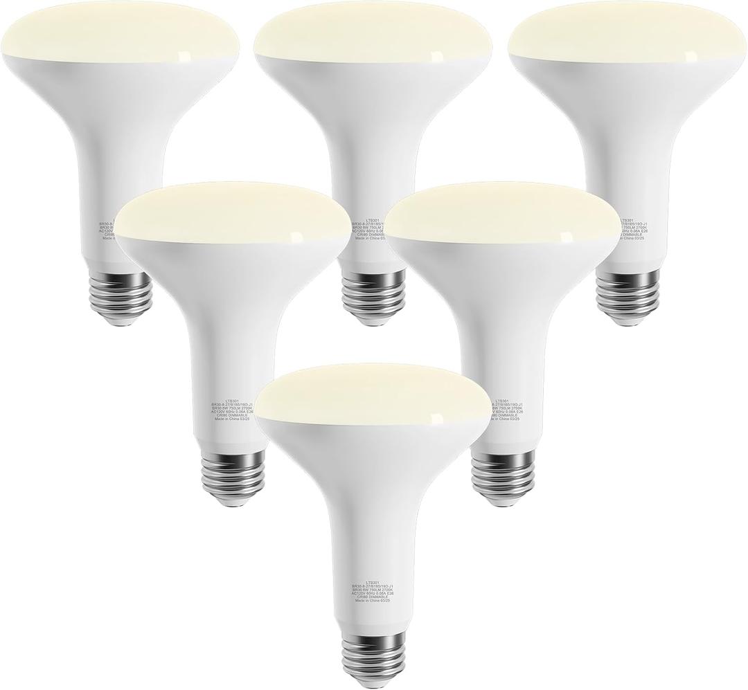 LED Flood Light Bulbs, BR30 Dimmable 750LM Recessed Light Bulbs, 8W(65W Equivalent), CRI80, 2700K Soft White, 15000 Hours, E26 Base LED Can Bulb, 6 Pack