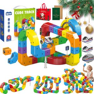 Electric Train Set, Magnetic Train Set with Race Tracks, Anti-Gravity 3D Infinity Track with Motorized Train and Traffic Signs, DIY Modular Clip-Fit Cube Track, Build Uphill, Loop 360 (81pcs+3Cars)