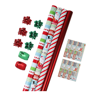 LaRibbons Christmas Wrapping Paper Set, Reindeer & Snowflake Design with Gift Bow & Ribbons & Tags, Perfect for Holiday, Party, Xmas Celebration,30 Inch X 10 Feet (4Rolls, 100 sq.ft.ttl.)