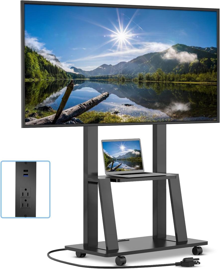 Rolling TV Stand for 32-80 Inch TVs, Mobile TV Cart with Power Outlet, Outdoor TV Stand with Wheels, Portable tv Stands for LCD OLED 4K Flat/Curved Panels Max VESA 600x400mm (Black)