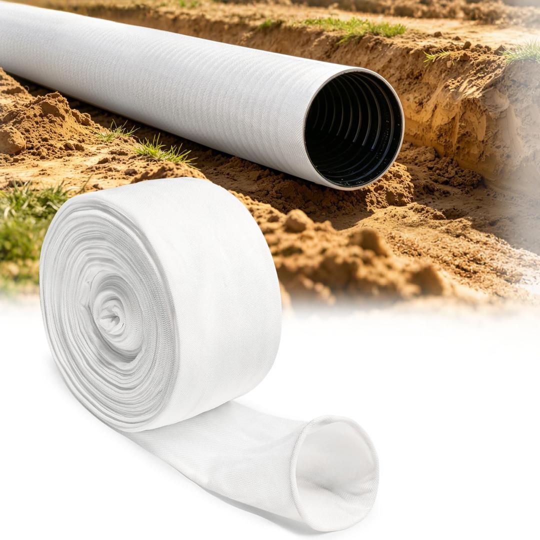 French Drain Fabric 100FT, 4-Inch Drain Sleeve Filter Sock for Perforated Pipes, Polyester Knit Drainage Filter Fabric for French Drains and Landscape Drainage (White)