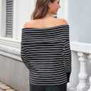 MAKABO Off The Shoulder Sweater for Women Striped Knit Long Sleeve Pullover Sweaters Tops Trendy Outfits (L)