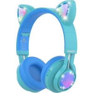 Riwbox Kids Headphones, CT-7S Cat Ear Bluetooth Headphones with LED Light, 85dB Volume Limiting, Over Ear with Microphone for Laptop/PC/TV (Blue & Green)
